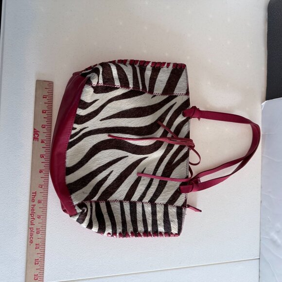 Bloomingdales Zebra Print Leather Tote Bag Whipstitch Detail Black Red Italy - Picture 5 of 6